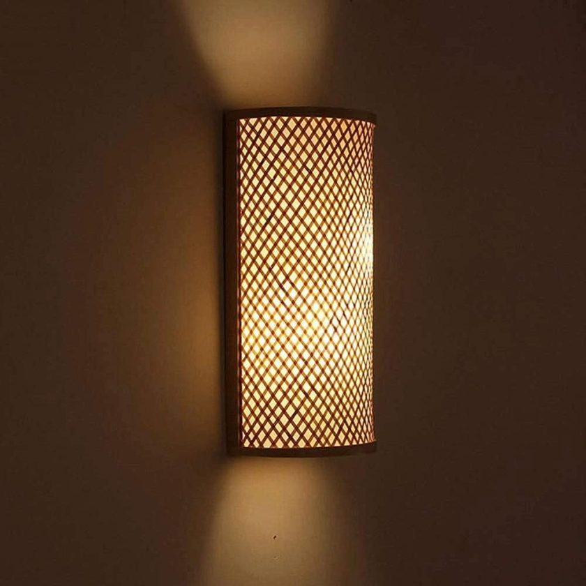 New Chinese Antique,Bamboo Wicker Rattan Shade Tunnel Fixture Rustic Sconce Light Bedroom Bedside Hallway E27 Edison Luminaire Wall Lantern Decoration