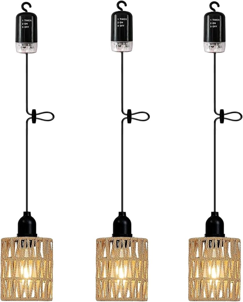 3 Pack Outdoor Chandelier Pendant Light for Gazebo Battery Operated Boho Hanging Lamp Bamboo Handmade Rattan Decorative Lights LED Lantern Bulb Powered by 4*AA Batteries for Porch Patio Backyard Decor - Image 2