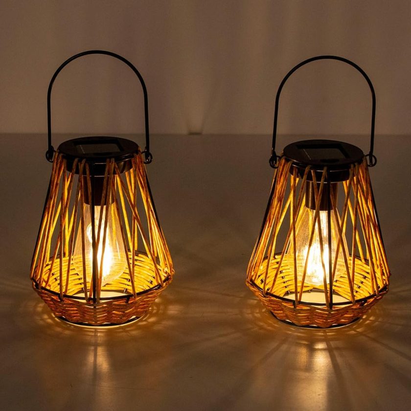 Solar Lanterns,2 Pack Hanging Solar Lantern Outdoor Lanterns for Patio Waterproof,Rattan Lantern with Handle,Decorative Retro Rattan Lights for Yard - Image 2