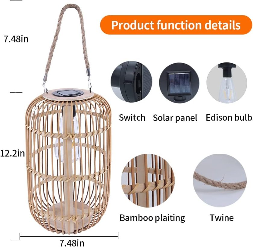 Solar Lantern Outdoor Waterproof, Large Rattan Solar Lantern Outdoor Hanging with Handle, Natural Bamboo Solar Outdoor Lights with Edison Bulb for Garden Patio Yard Tabletop Decoration - Image 2
