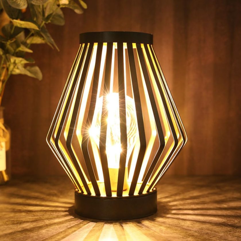 8.5“H Metal Cage LED Lantern Battery Powered Cordless Accent Light with LED Edison Style Bulb Great for Weddings Parties Patio Events Gifts for Indoors Outdoors