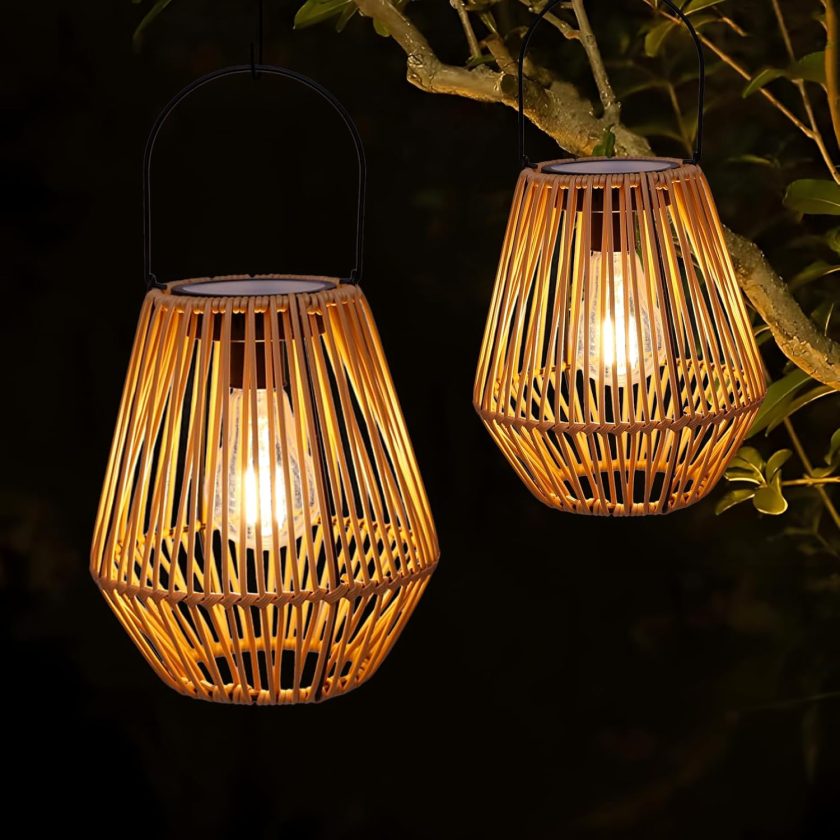 Solar Lantern,2 Pack Solar Wicker Lanterns Outdoor Waterproof Boho Lights for Outside Hanging Rattan Lights Outdoor Patio Lanterns Decoration for Garden,Yard,Porch,Trees,Lawn,Pathway - Image 2