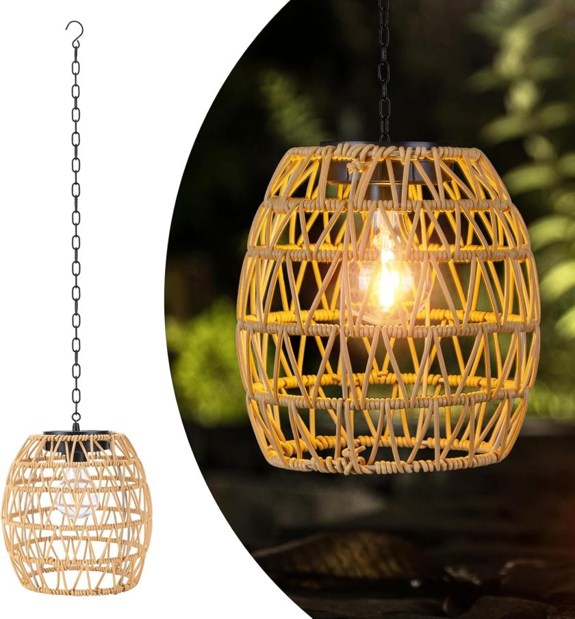 Outdoor Solar Hanging Lantern, Natural Rattan Bamboo Woven Porch Patio Gazebo Pendent Chandelier Light Decorative Solar Powered Hanging Lamp for Front Door Garden