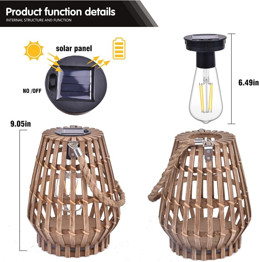 Solar Hanging Lantern Outdoor , Waterproof Natural Bamboo Lanterns with Handle Edison Bulb Design Solar Table Lamp Lights Decoration for Courtyard Patio Garden Farmhouse - Image 2