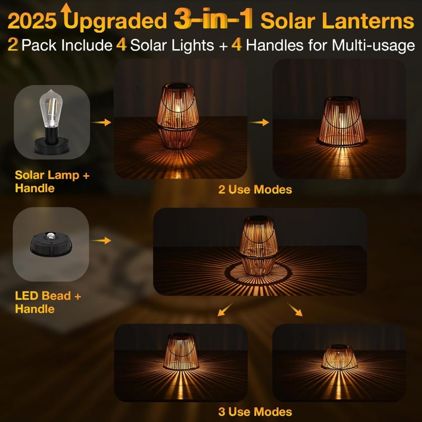 2 Pack 3-in-1 Solar Lanterns Outdoor Waterproof Rattan Woven Hanging Solar Lights for Outside with Bright Lamp & LED Bead & 4 Handles, Garden Gifts Decor for Women Mom Patio Yard Porch - Image 2