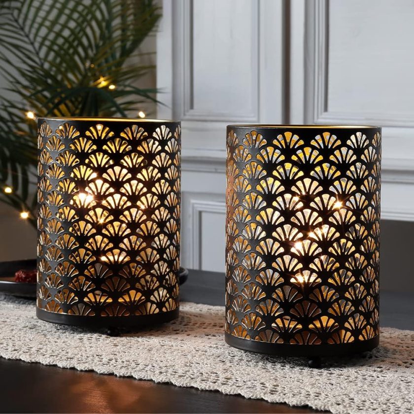 Set of 2 Battery Operated Lamp 6.5'' Tall Metal Cordless Table Lamp Bronze Lanterns with Warm Fairy Lights Bulb for Patio Garden Wedding Parties Indoor Outdoor(Scalloped Hollow Pattern)