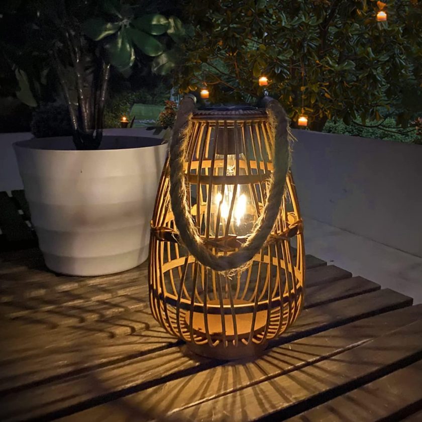 Solar Lantern Outdoor Waterproof Large Rattan Lanterns Decorative Bright Boho Lanterns Lights with Handle Rustic Hanging or Table Lamp for Fence Porch Garden Yard Wedding Decoration(Size: 7.4"*10.6")