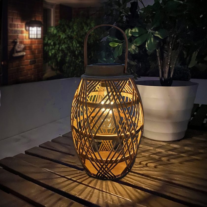 Outdoor Solar Lanterns Light Rattan Bamboo Lamp with Handle for Hanging or Table Lamp for Patio Yard Garden Wedding Home Decoration, Edison Bulb, Auto on/Off(Style2)