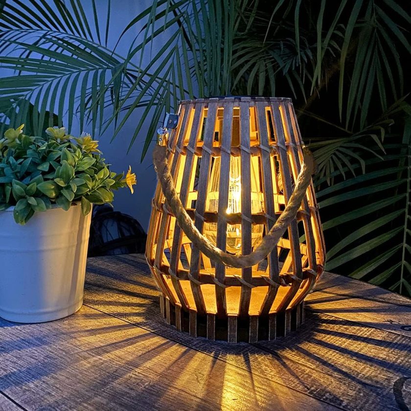 Hanging Solar Lantern Rattan Outdoor Lanterns for Patio Waterproof with Handle Large Rattan Natural Bamboo Solar Table Lamp LED Lights Edison Bulb Retro Decor for Wedding Yard Garden Farmhouse