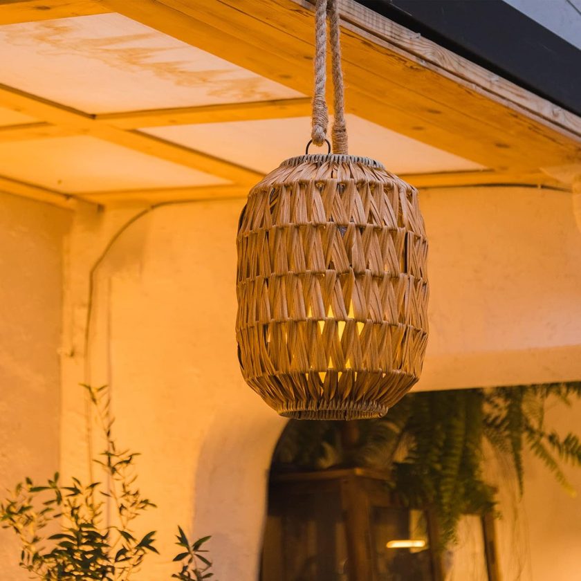 Candle Lantern - 22.4in IP65 Waterproof Natural Rattan Outdoor Lantern with Removable LED Candle and Burlap Jute Rope Handle,Decorative Lanterns for Home, Porches, Weddings