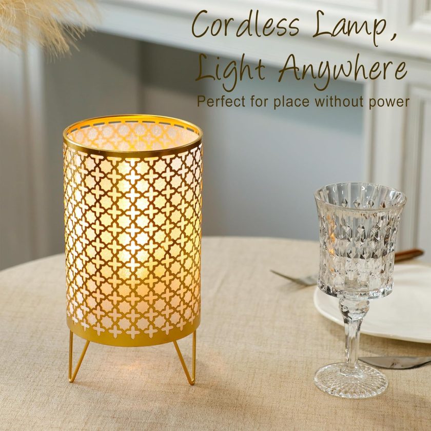 Set of 2 Battery Operated Lamp 9'' High Cordless Table Lamp Battery Powered Lanterns with 6H Timer for Home Living Room Weddings Parties Patio Events Outdoors Indoors Shelf(Gold) - Image 2
