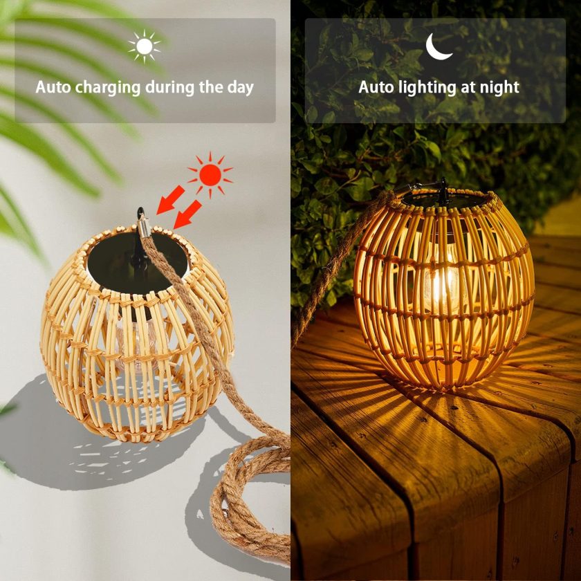 Hanging Solar Lantern Outdoor Waterproof, Large Solar Rattan Lantern Outdoor with Twine Handle, Bright Outdoors Hanging Lights with Edison Bulb for Garden Patio Yard Decoration - Image 2