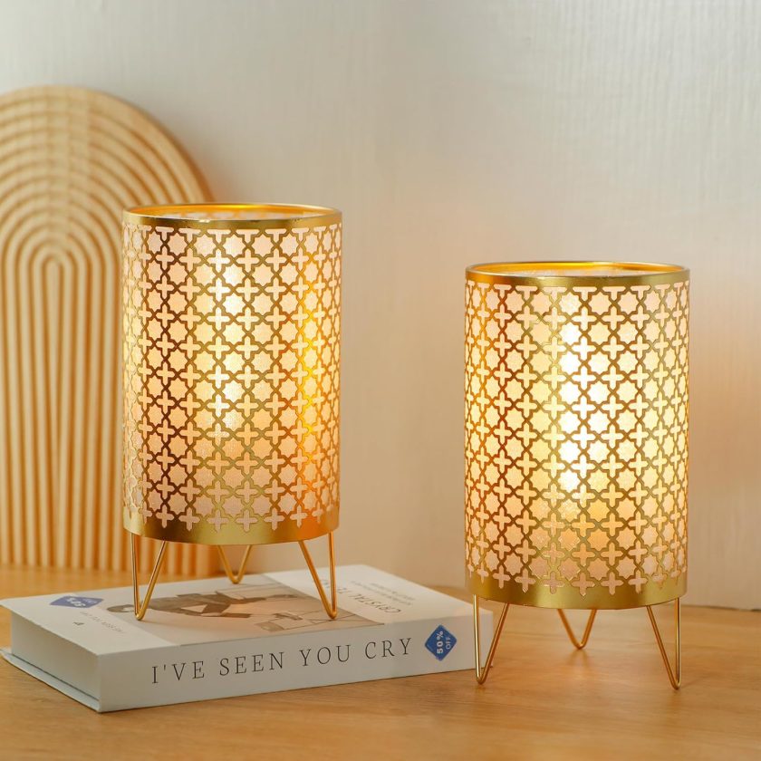 Set of 2 Battery Operated Lamp 9'' High Cordless Table Lamp Battery Powered Lanterns with 6H Timer for Home Living Room Weddings Parties Patio Events Outdoors Indoors Shelf(Gold)