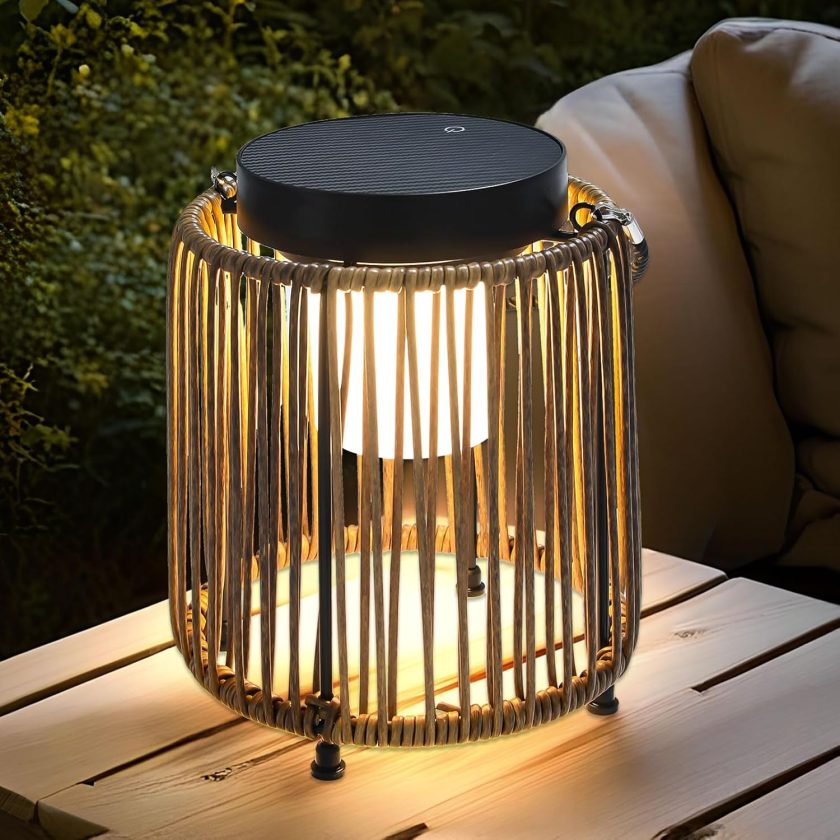 Solar Lanterns Outdoor Waterproof IP54, Handwoven Wicker Outdoor Table Lamps Portable Rechargeable with 30H+ Runtime, Dual USB-C/Solar Charging Hanging Lantern, 3 Brightness Levels