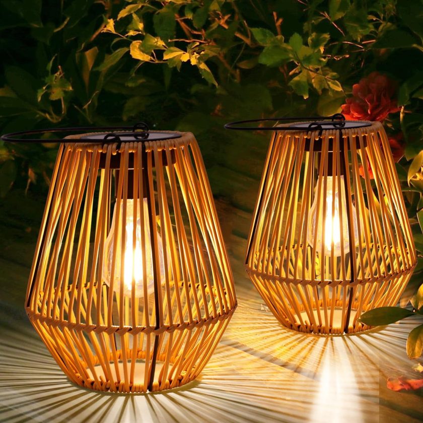Solar Lantern,2 Pack Solar Wicker Lanterns Outdoor Waterproof Boho Lights for Outside Hanging Rattan Lights Outdoor Patio Lanterns Decoration for Garden,Yard,Porch,Trees,Lawn,Pathway