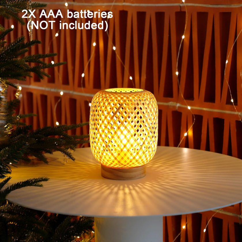 Rattan Lamp, Cordless Boho Lamp Battery Operated, Table Lamp with LED Bulb, Handmade Bamboo Beside Lamp Small Rattan Lamp, Decorative Battery Lamp for Kids Room Entryway - Grid - Image 2