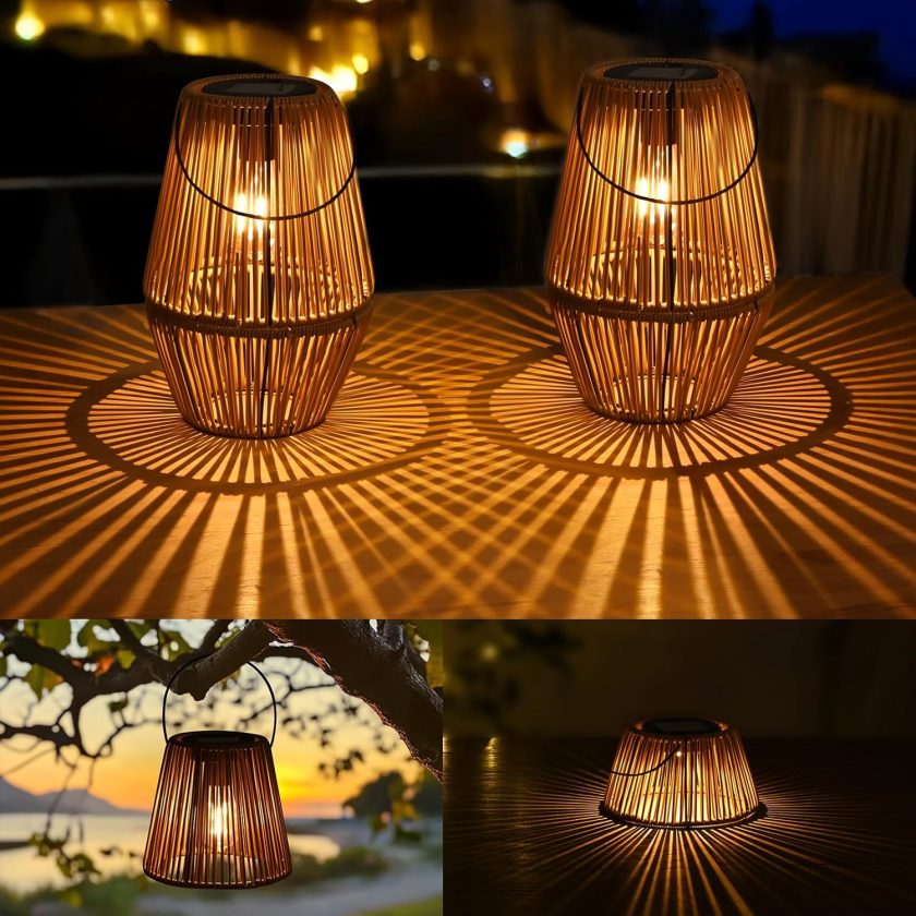 2 Pack 3-in-1 Solar Lanterns Outdoor Waterproof Rattan Woven Hanging Solar Lights for Outside with Bright Lamp & LED Bead & 4 Handles, Garden Gifts Decor for Women Mom Patio Yard Porch
