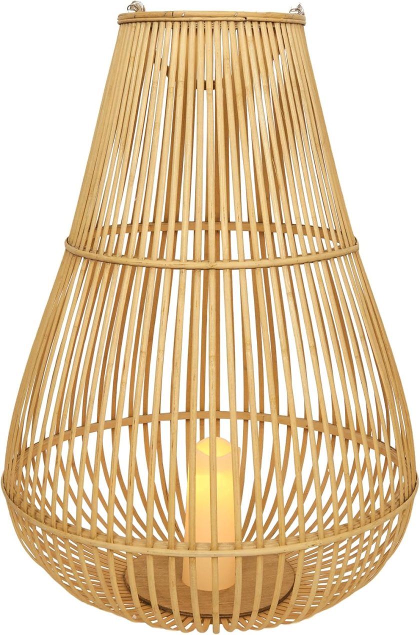 Outdoor Bamboo Lantern with LED Candle, Brown Finish for Patio and Garden Decor, 33" Tall