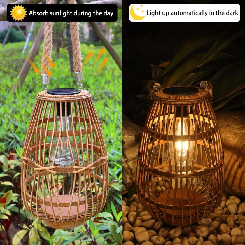 Solar Lantern Outdoor Waterproof Large Rattan Lanterns Decorative Bright Boho Lanterns Lights with Handle Rustic Hanging or Table Lamp for Fence Porch Garden Yard Wedding Decoration(Size: 7.4"*10.6") - Image 2