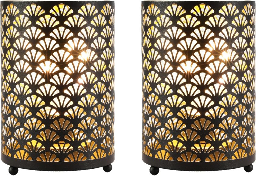 Set of 2 Battery Operated Lamp 6.5'' Tall Metal Cordless Table Lamp Bronze Lanterns with Warm Fairy Lights Bulb for Patio Garden Wedding Parties Indoor Outdoor(Scalloped Hollow Pattern) - Image 2