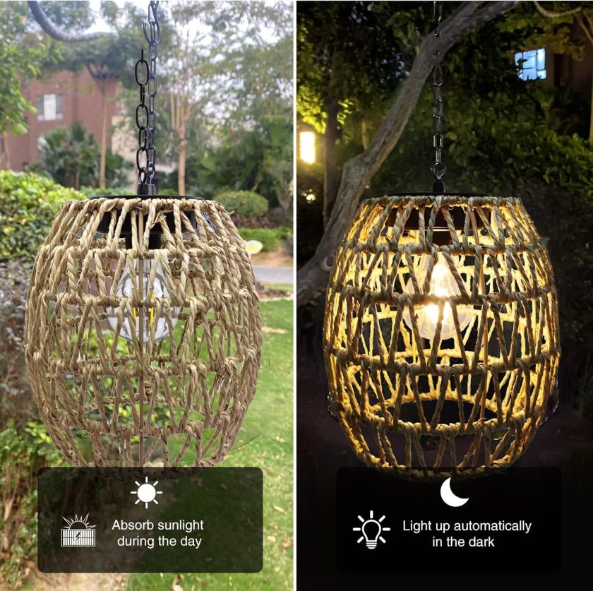 Outdoor Solar Hanging Lantern, Natural Seeweed Rattan Bamboo Woven Porch Patio Gazebo Pendent Chandelier Light Decorative Solar Powered Hanging Lamp for Front Door Garden - Image 2