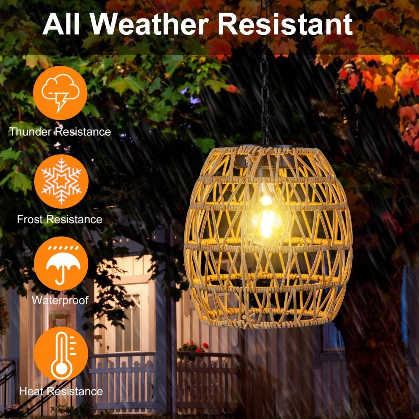 Outdoor Solar Hanging Lantern, Natural Rattan Bamboo Woven Porch Patio Gazebo Pendent Chandelier Light Decorative Solar Powered Hanging Lamp for Front Door Garden - Image 2